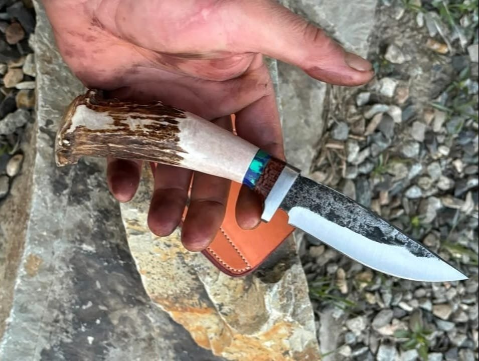 Vintage cowboy knife stag antler handle and free leather sheath image 0