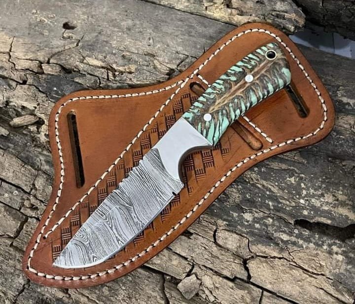 7" Cowboy skinner knife with pine cone handle western style pancake leather sheath image 0