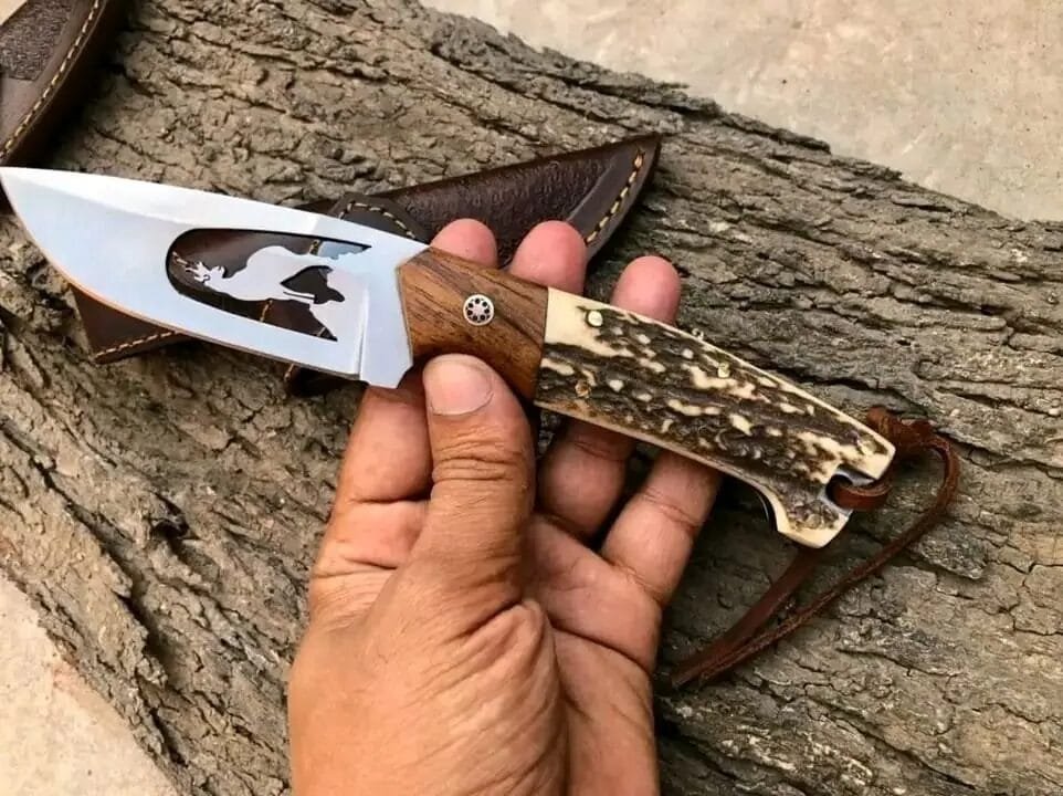 D2 Cowboy hunting knife with stag antler handle and leather sheath image 0