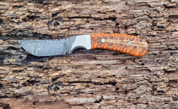 Custom cowboy skinning knife damascus steel blade & orange pine cone handle image 0