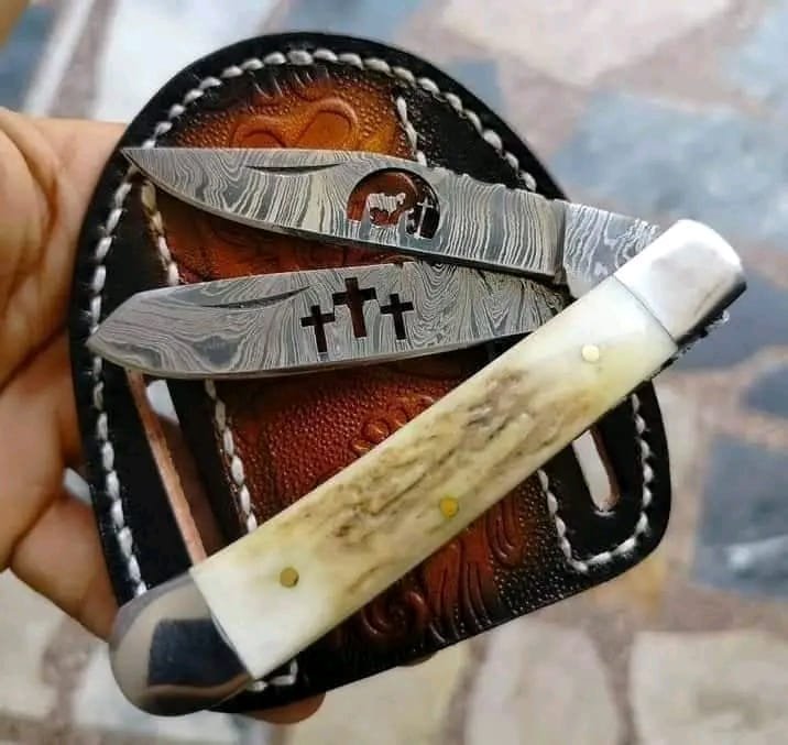Damascus steel double blade folding trapper knife for cowboys - pocket knife folding EDC with stag antler handle image 0