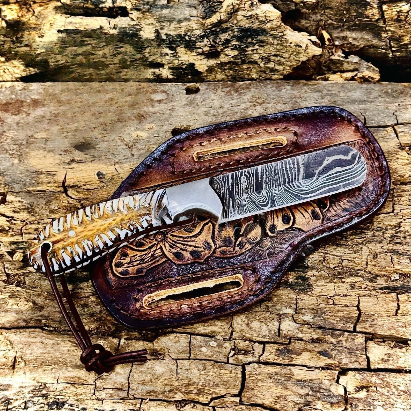 Best Bull Cutter Knife – Damascus Steel Blade with Pinecone Handle & Tooled Leather Sheath | Western Style Cross Draw Knife image 0