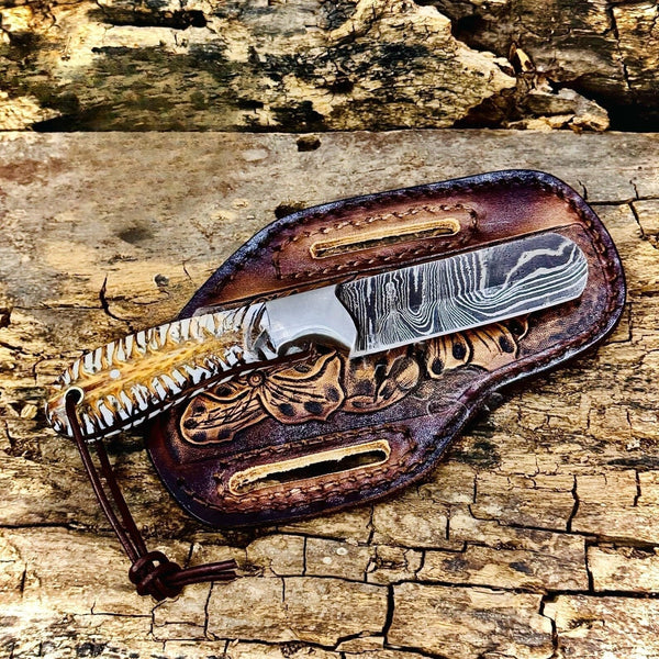 Best Bull Cutter Knife – Damascus Steel Blade with Pinecone Handle & Tooled Leather Sheath | Western Style Cross Draw Knife image 0