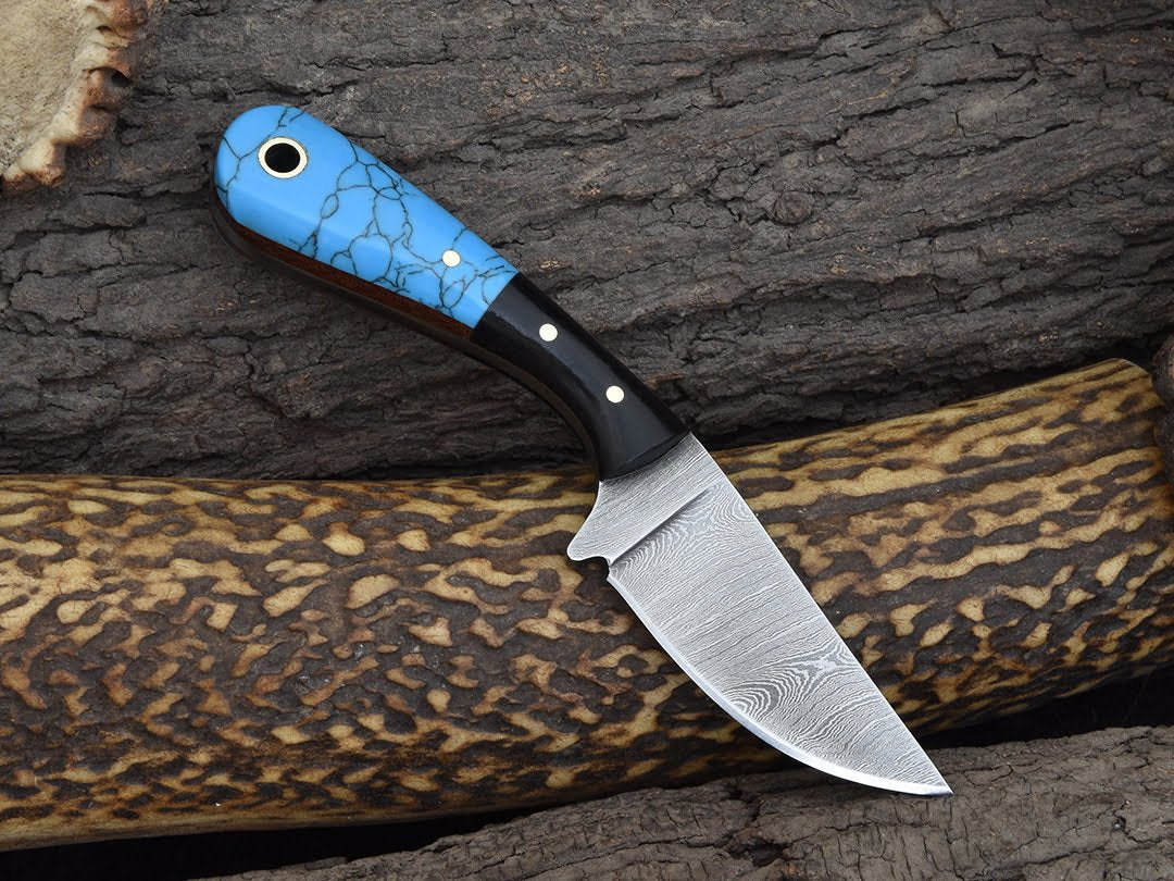 Damascus Steel Custom Cowboy Knife For Ranchers Turquoise Handle & Pancake Leather Sheath image 0