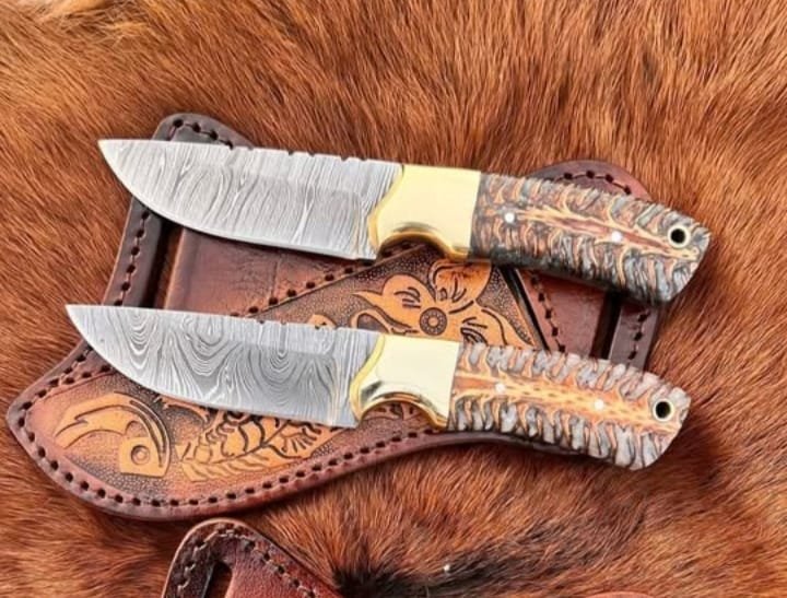 Damascus cowboy knives pair - bundle deal white pinecone handle and leather sheath - cowboy knives with sheath