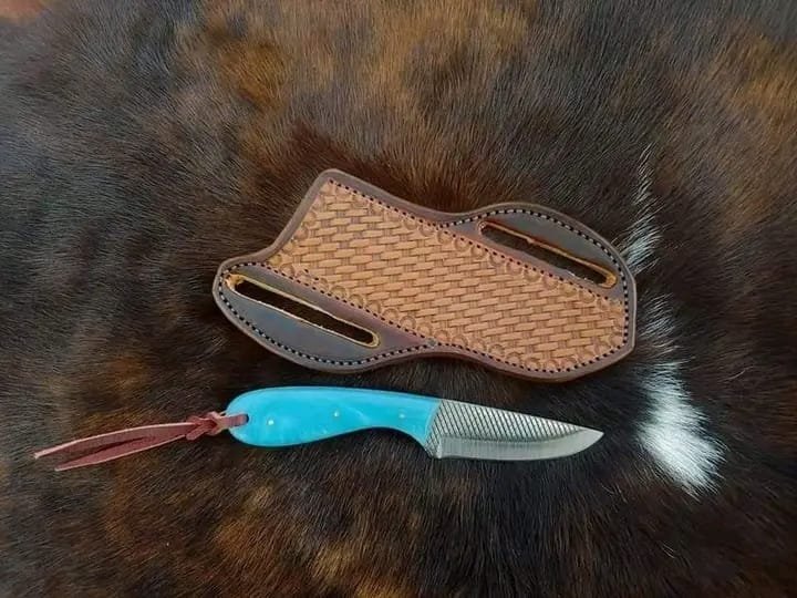 Rasp steel working Cowboy knife with blue rasin handle and horizontal carry leather sheath image 0
