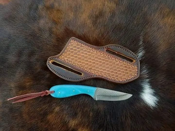 Rasp steel working Cowboy knife with blue rasin handle and horizontal carry leather sheath image 0