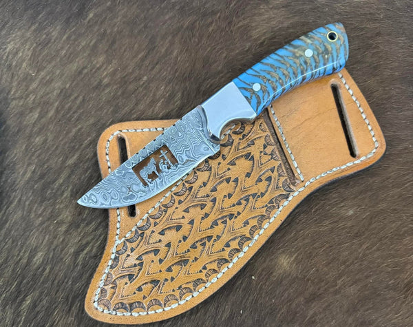 Western Cowboy Knife with blue pinecone handle and hand-crafted pancake leather sheath image 0