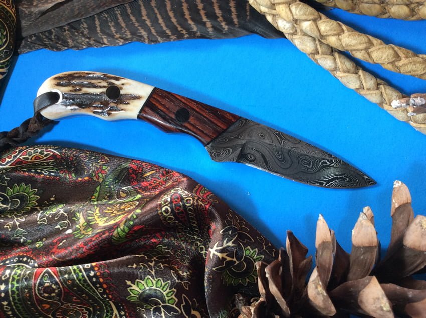 Cowboy Knife With Leather Sheath Custom Damascus Stag Antler Handle image 0