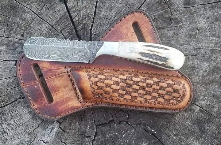 Damascus steel bull cutter knife with antler handle image 0