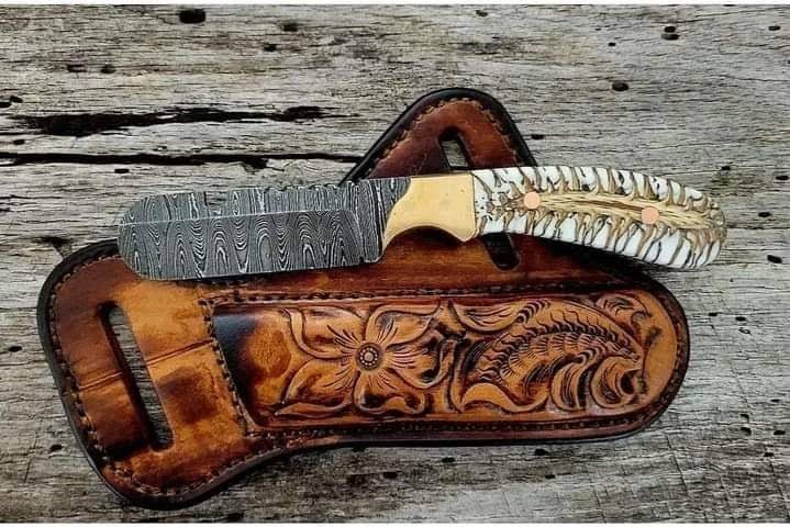 Damascus steel cowboy bull cutter knife with tooled fancy leather sheath old western look image 0