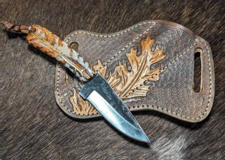 1095 cowboy knife with pinecone handle and leaf scrimshaw leather sheath image 0