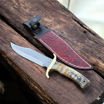 Rasp steel cowboy bowie knife with sheep horn handle and tooled leather sheath