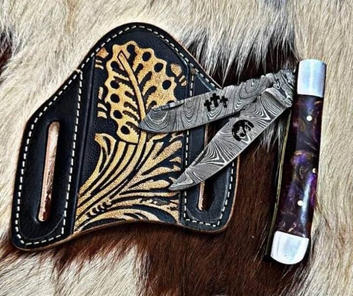 Damascus Trapper knife - Double blade Cowboy trapper knife for sale EDC image 0