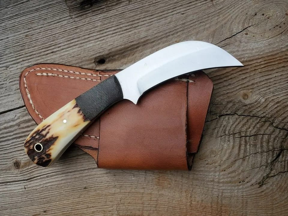 D2 hawksbill knife with Stag antler handle and leather sheath image 0