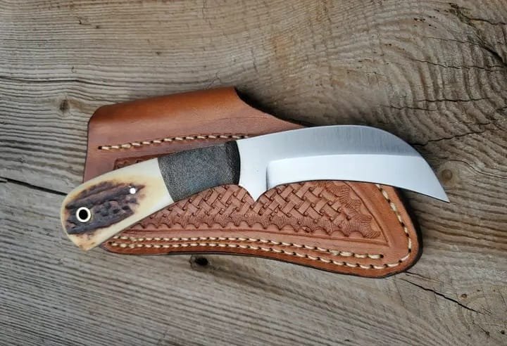 D2 hawksbill knife with Stag antler handle and leather sheath image 2