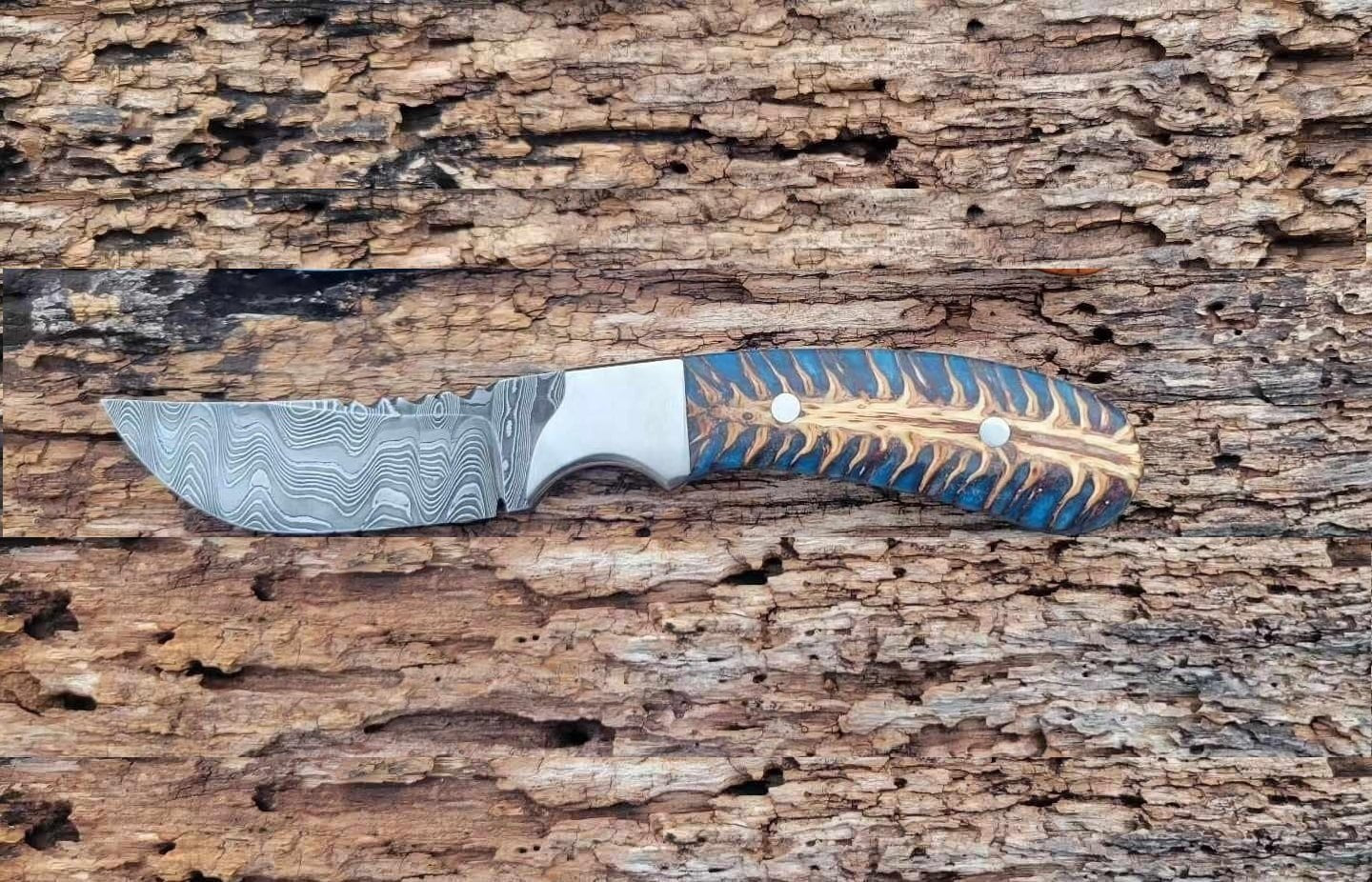 Damascus steel fixed blade cowboy knife with blue pine cone handle image 0