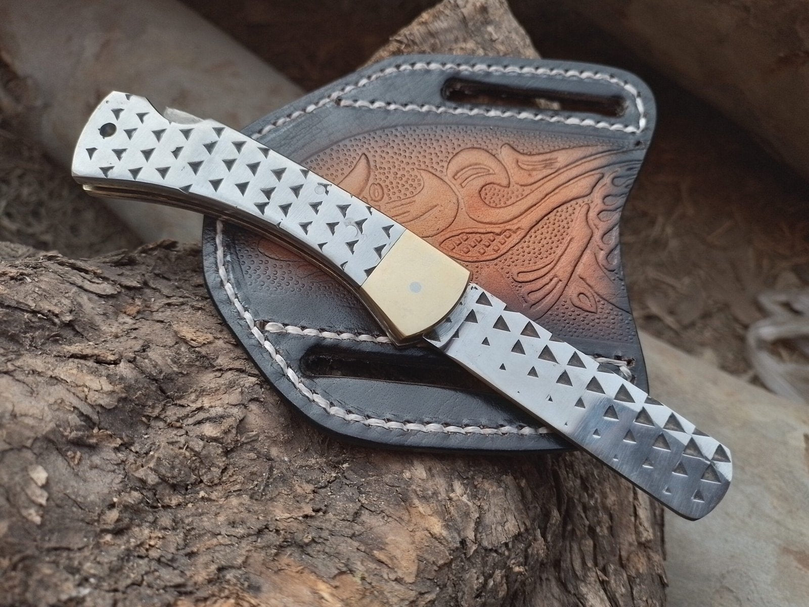 Rasp steel folding bull cutter knife for Cowboys Cross draw leather sheath image 2