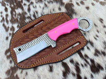 8 inch rasp steel Cowboy bull cutter knife for cowgirls pink rasin handle and cross draw leather sheath image 0