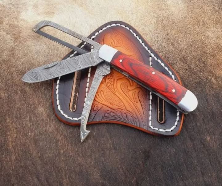 Damascus steel cowboy pocket knife trapper multiblade folding knife with sheath image 0