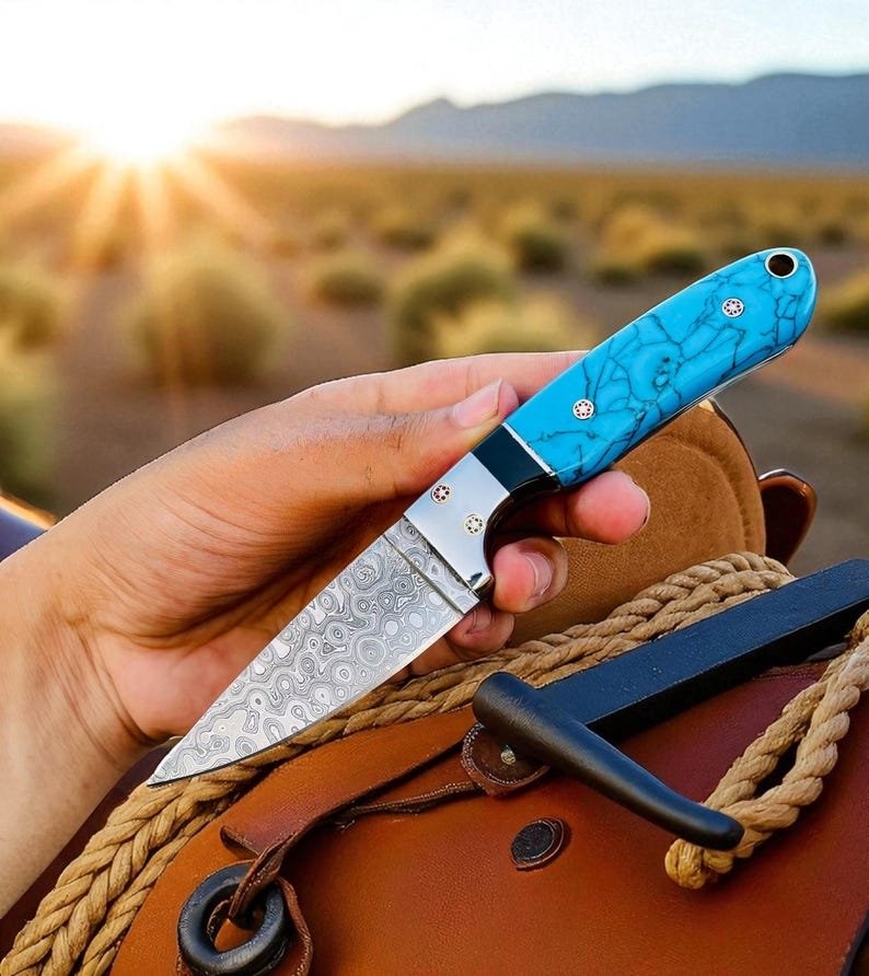 Raindrop Damascus Cowboy ranch knife with Turquoise handle image 0