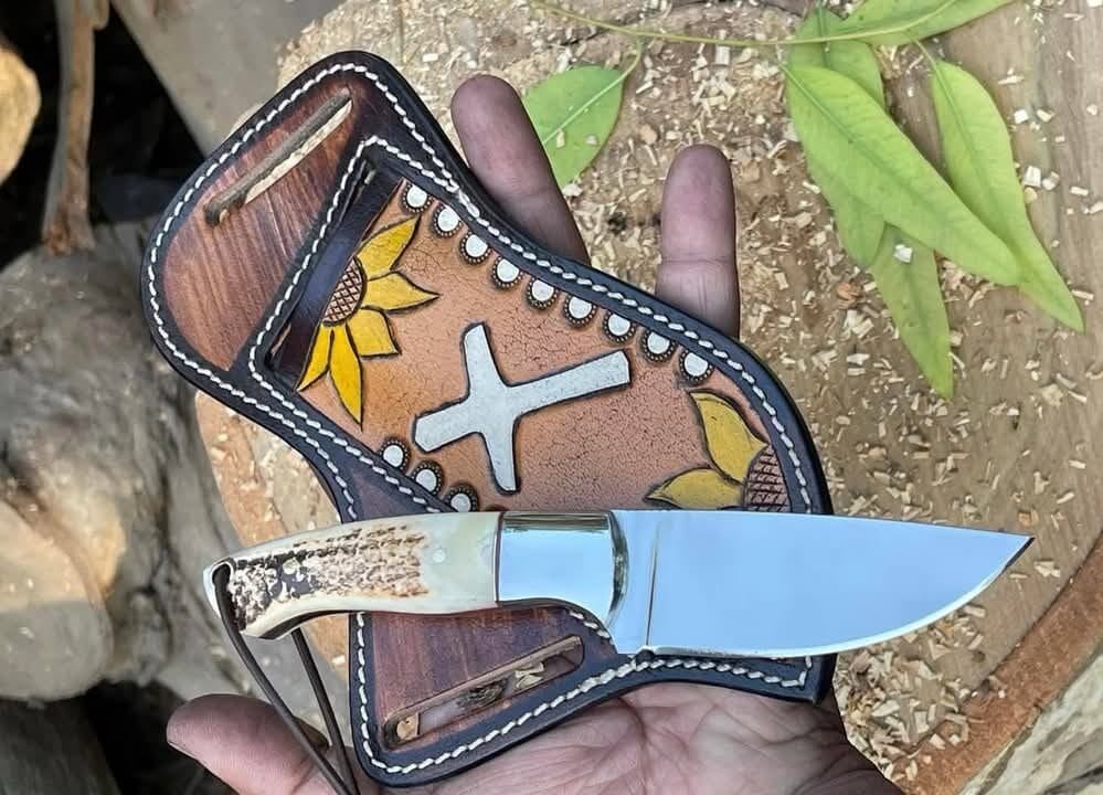 Artisan Cowboy Ranch knife with antler handle and tooled leather sheath image 0