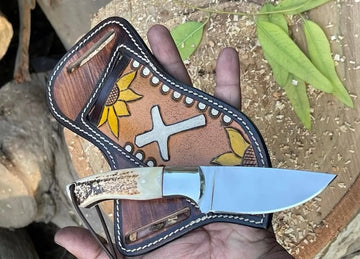 Artisan Cowboy Ranch knife with antler handle and tooled leather sheath image 0