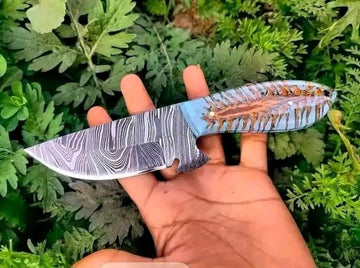 Damascus steel cowboy knife with blue pine cone handle and pancake leather sheath image 0