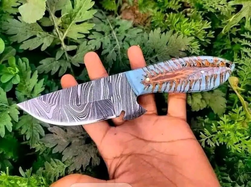 Damascus steel cowboy knife with blue pine cone handle and pancake leather sheath image 0