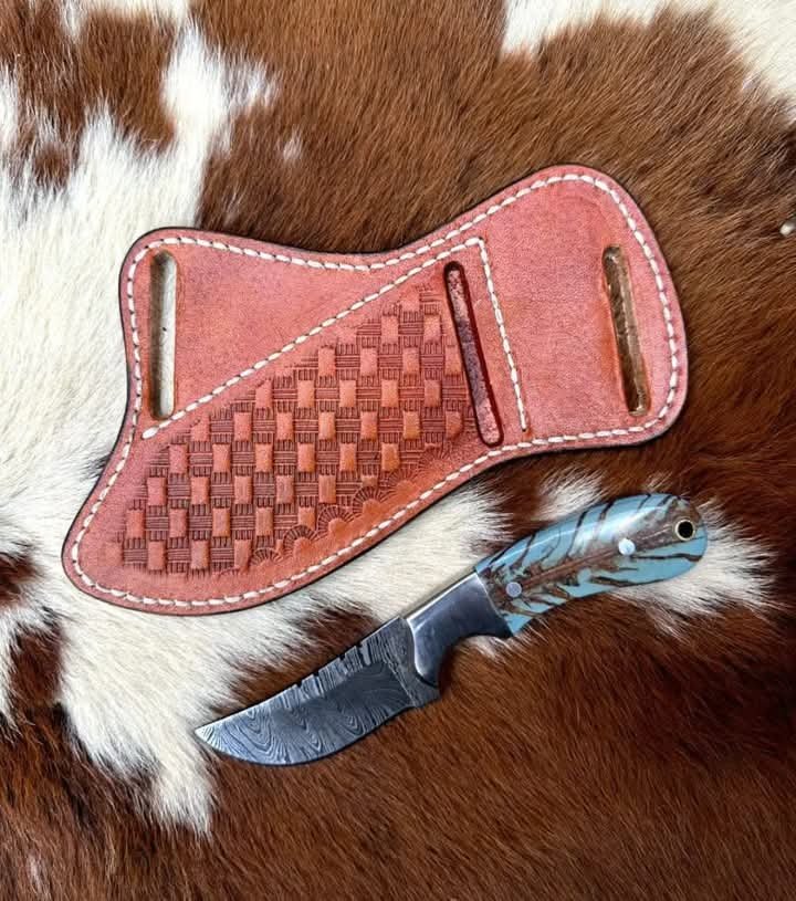 Damascus steel Cowboy skinner knife with pinecone handle and western pancake sheath image 0