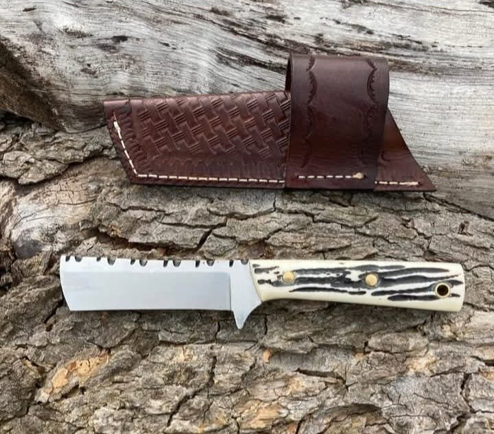 Mirror finish D2 Stag handle cowboy bull cutter knife with sheath image 0