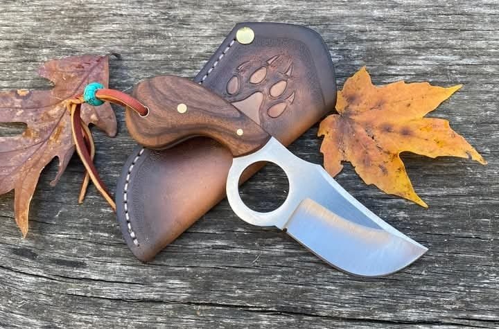 D2 handmade Cowboy skinner knife finger hole grip with rose wood handle image 0