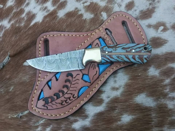 Damascus steel Fixed blade Cowboy knife and sheath -stunning pinecone handle image 0
