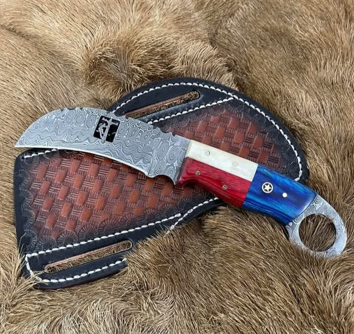 Texas flag hawksbill knife with horizontal carry leather sheath image 0