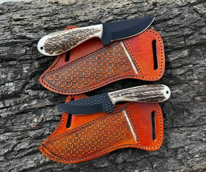 Chritmas deal buy 1 get 1 free black coated rasp steel cowboy set with stag handle and pancake leather sheath image 0