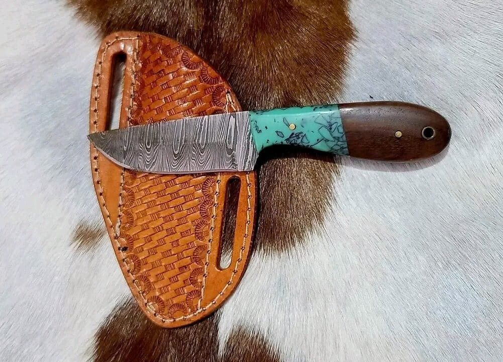 Damascus steel handmade cowboy hunting knife with Turquoise handle and leather sheath image 0