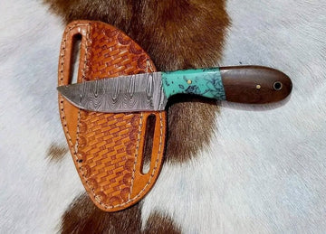 Damascus steel handmade cowboy hunting knife with Turquoise handle and leather sheath image 0