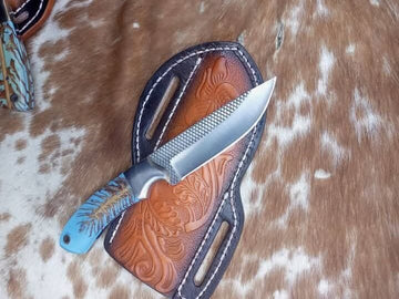 Handmade rasp steel skinner knife for cowboys - pinecone handle and belt carry sheath image 0