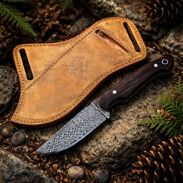 Damascus steel cowboy knife with venge wood handle and pancake leather sheath