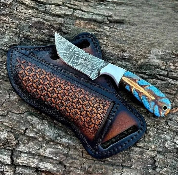Damascus Cowboy knife with initials pinecone handle and pancake leather sheath image 0