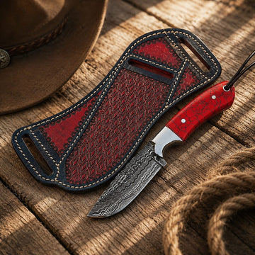 Handmade Damascus Steel Cowboy Knife with Turquoise Handle – Western Fixed Blade Knife with Horizontal Carry Leather Sheath