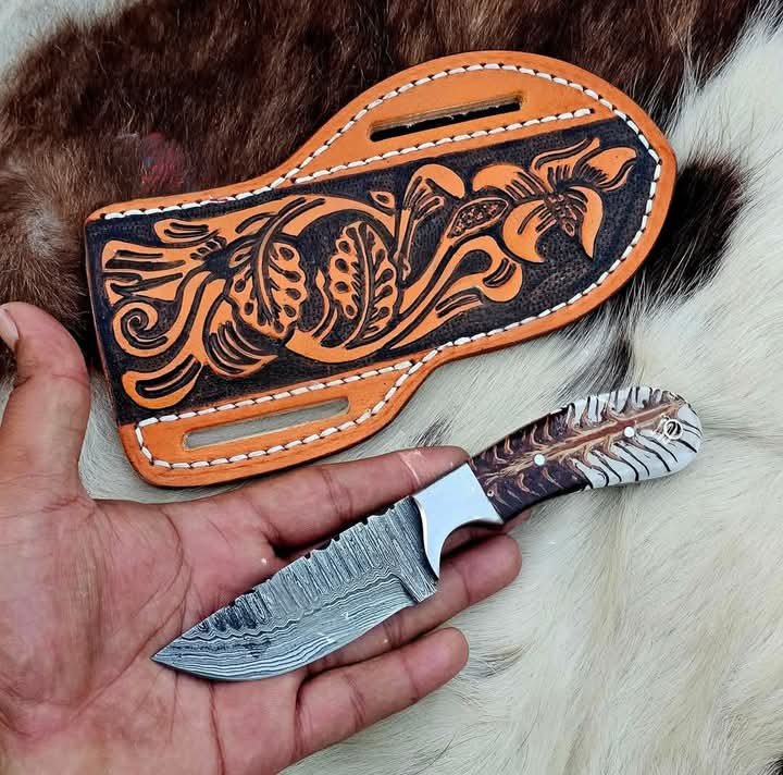 Authentic Damascus Steel Cowboy Knife for sale with Cross Draw Sheath – Perfect for Collectors image 0