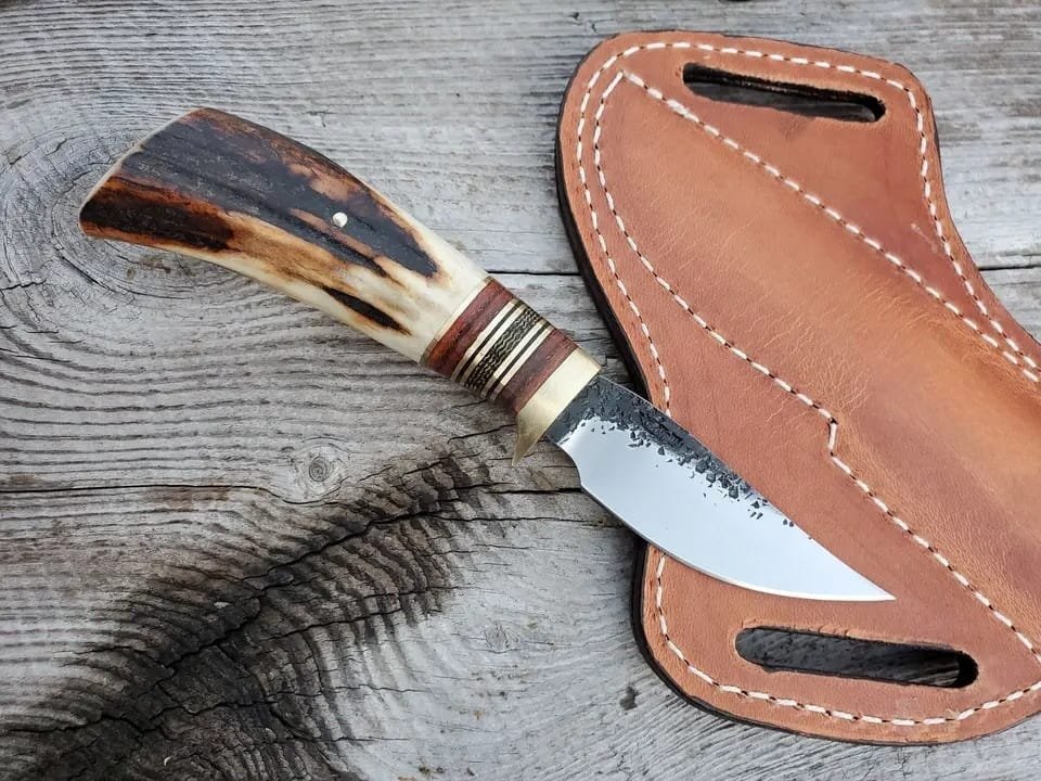 High carbon 1095 Cowboy hunter with stag antler handle and pancake leather sheath image 0