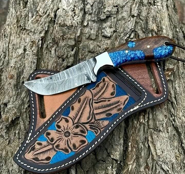 Damascus Cowboy knife and sheath - stabalized wood handle image 0