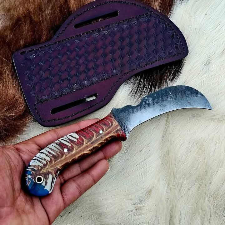 File rasp steel handmade hawksbill knife with pinecone handle and cross draw western sheath image 0