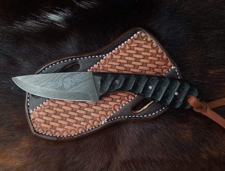 Damascus steel cowboy knife black micarta handle image 0