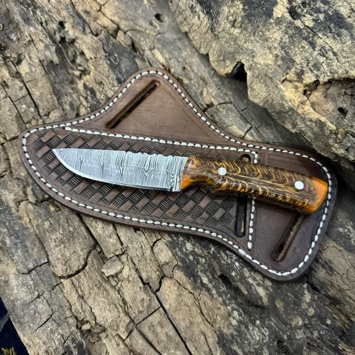 Damascus steel cowboy hunter with orange stabalized pine cone and leather sheath image 0