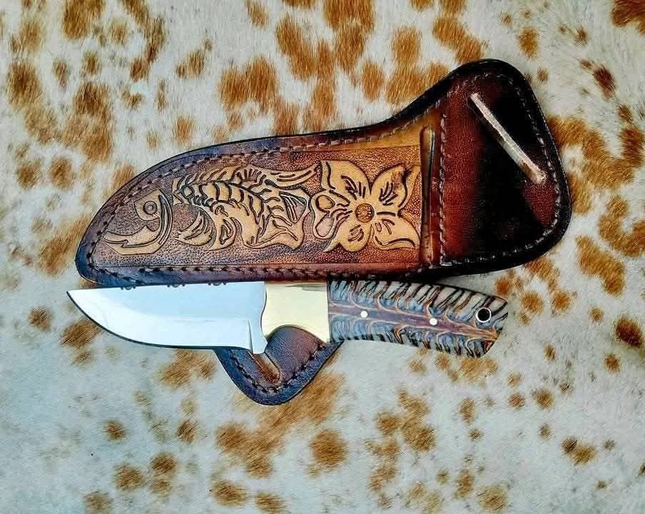 Hand crafted ranch cowboy knife with premium belt sheath and pinecone handle image 0
