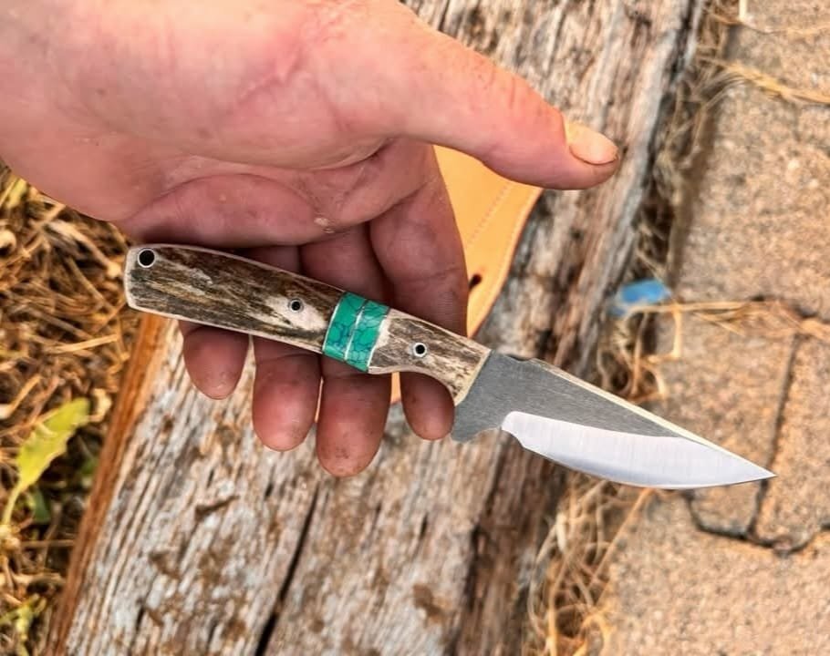 Handmade Cowboy Stag Handle Knife with hand-stitched Sheath image 0