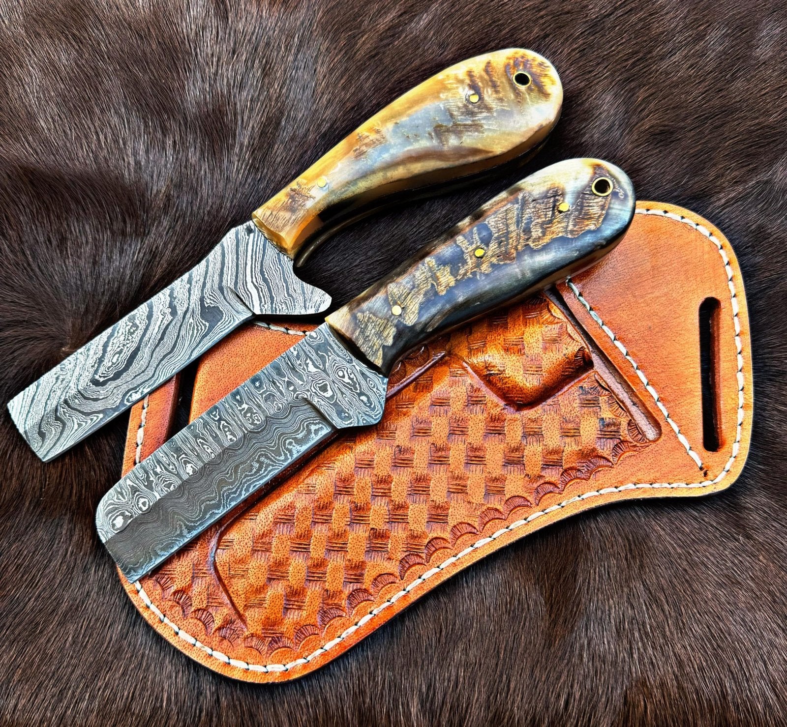 Set of 2 bull cutter Cowboy knives Damascus steel blades Christmas offer Buy 1 get 1 free image 0